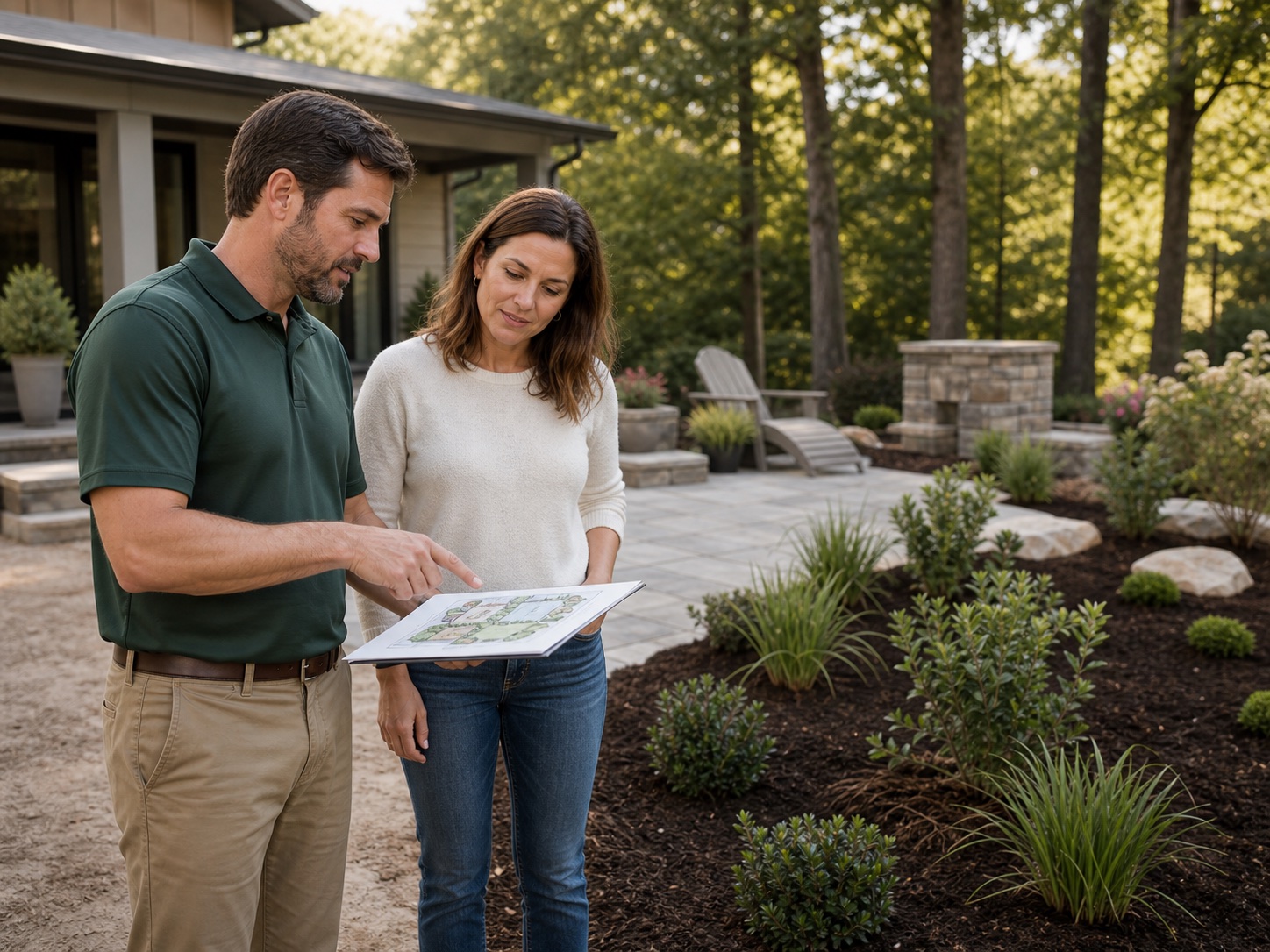 Landscape designer reviewing a residential backyard planting plan with a homeowner