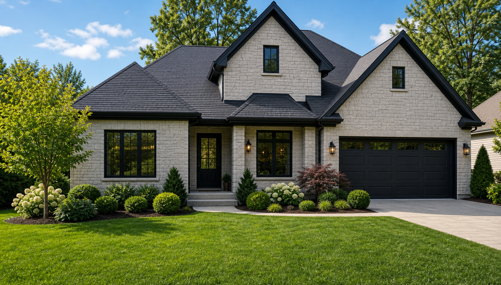Front lawn with a clean residential home and manicured landscaping